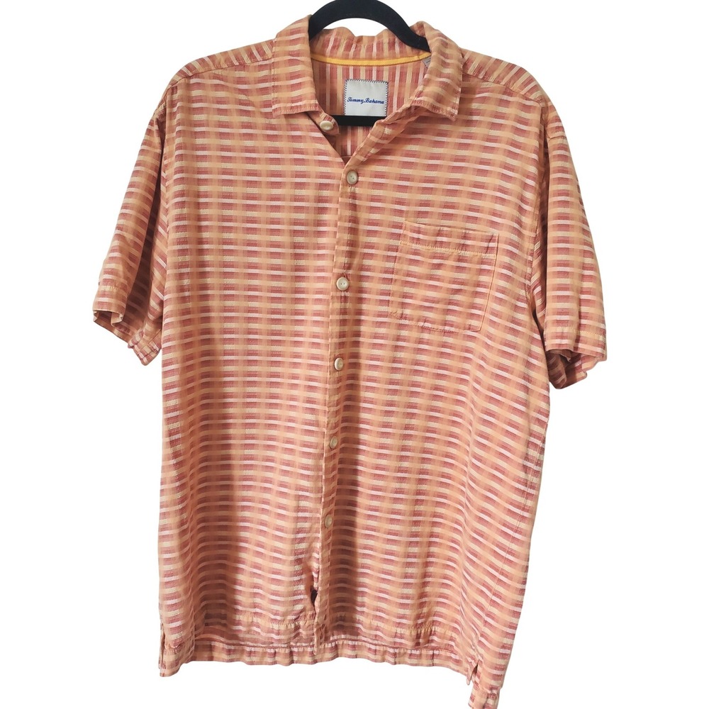 Tommy Bahama Mens Large Orange Striped Silk Cotton Short Sleeve Camp Shirt
